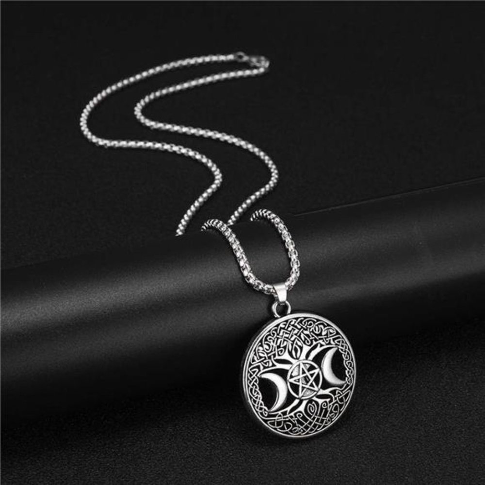 Triple Moon Goddess Pendant Tree of Life Necklace Pentacle Pentagram Wiccan - Picture 3 of 5